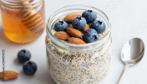 Nutritious overnight oats topped with fresh blueberries crunchy almonds and drizzled honey served in a stylish glass jar