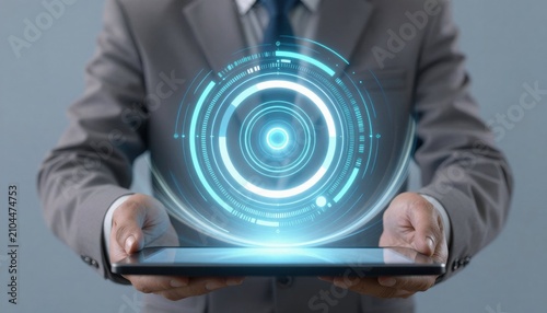 Professional holding a tablet displaying a digital interface representing concepts of technology and innovation in business