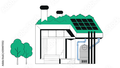 Sustainable eco house vector illustration, modern green building with solar panels and living roof, energy efficient residential architecture design