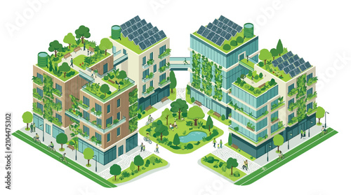 Sustainable green city isometric vector, eco friendly urban architecture with solar panels and roof gardens, modern smart city buildings