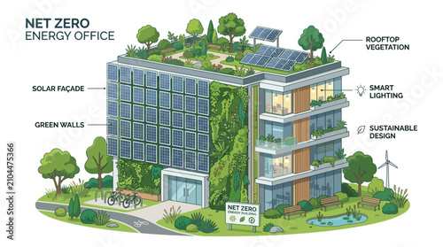 Net zero energy office building vector illustration, sustainable green architecture with solar panels and rooftop vegetation, eco friendly smart city design