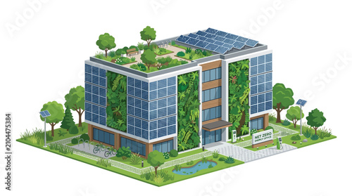 Sustainable green office building vector, eco friendly architecture with solar panels and roof garden, modern net zero commercial property illustration