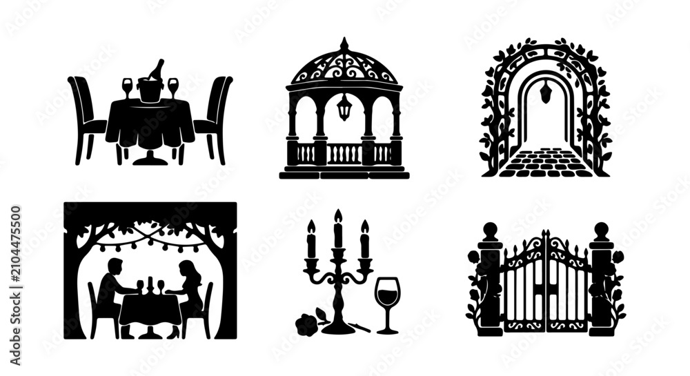 Fototapeta premium Elegant Silhouette Icons: Romantic Dining, Gazebo, Garden Archway, Gate, Candlestick, 6 Vector Elements
