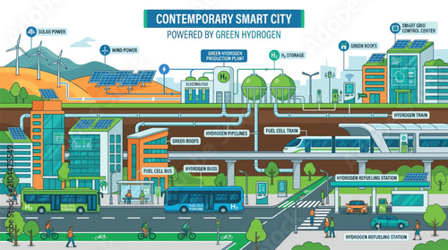 Contemporary smart city powered by green hydrogen, sustainable urban infrastructure with renewable energy sources, eco-friendly transportation vector