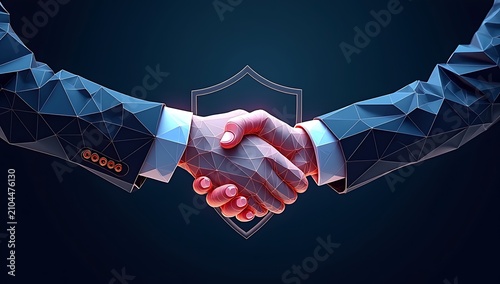 Businessmen shaking hands with digital shield overlay symbolizing trust and security.