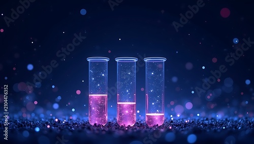 Three glowing test tubes with pink liquid and bokeh effect.