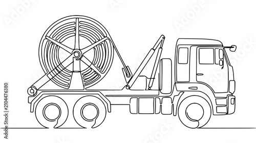 Bild auf Leinwand Continuous line drawing of an industrial utility truck carrying a large cable re