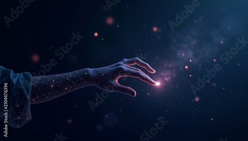 Hand reaching out to touch glowing particles in dark space.