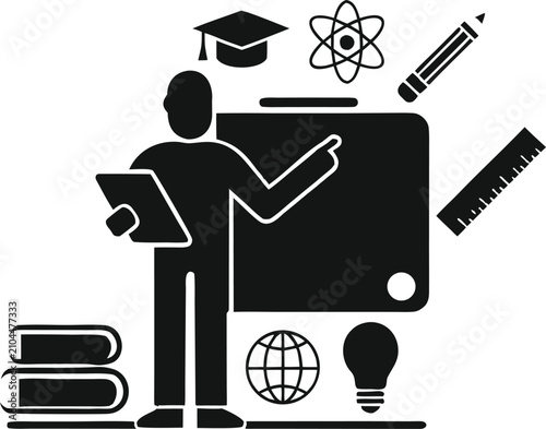 Modern Teacher Standing with Digital Classroom Board Holding Tablet Minimal Black Silhouette Vector for Education Branding Learning Resources Design
