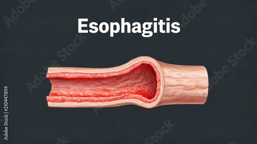 Esophagitis medical illustration showing inflamed esophagus lining