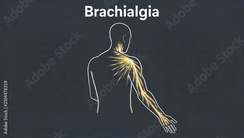 Human arm pain illustration with glowing nerves on dark background depicting brachialgia