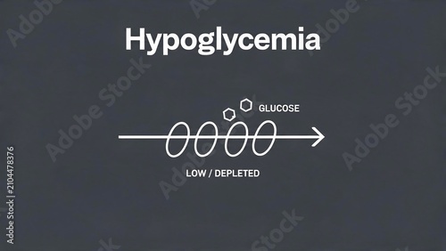 Hypoglycemia illustration showing low glucose levels and depletion on a dark grey background