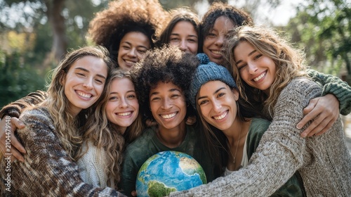 Diverse women hug Earth with diverse unity, natures embrace, and happy smiles.