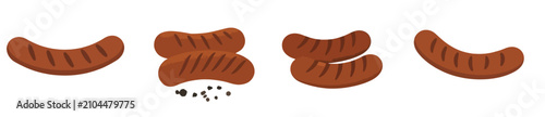 Foto Grilled sausages set, roasted bratwurst with grill marks for bbq party and hot dog menu vector illustration