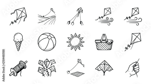 Obraz na płótnie Hand-drawn summer icons: kites, ice cream, beach ball, sun, picnic basket, spool