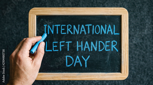 Hand writing international left handers day on a chalkboard