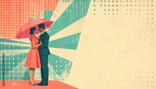 Retro Style Graphic Illustration of a Romantic Couple Under a Red Umbrella with Abstract Sunburst and Halftone Background Featuring Large Copy Space