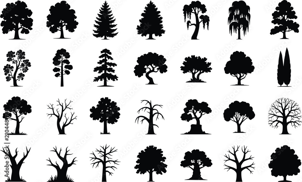Fototapeta premium Set of black tree silhouettes isolated on white background for landscape design and graphic projects