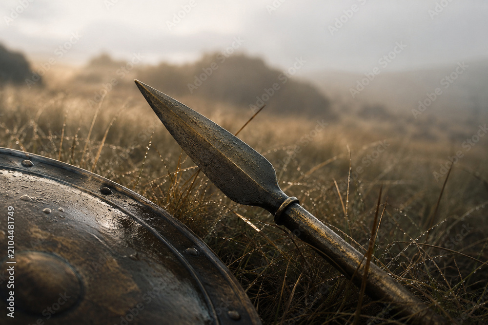 Fototapeta premium Bronze spearhead and shield edge resting in dew-covered grass at dawn, quietly evoking the aftermath, courage, and mortality of a Homeric battlefield.