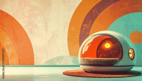 Futuristic spherical lounge chair in a retro-style interior with a large colorful mural on the wall and ample copy space