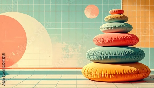 Stack of Colorful Round Cushions Against a Minimalist Tiled Wall with Geometric Shapes and Ample Copy Space for Text