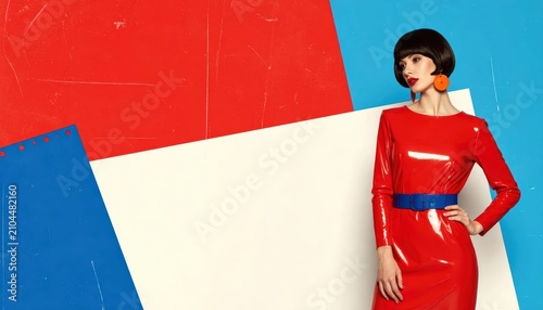 Fashion Portrait of a Stylish Woman in a Red Vinyl Dress Posing Against a Colorful Abstract Background with Ample Copy Space for Your Text