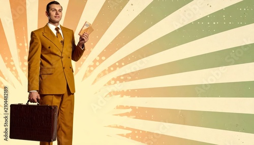 Vintage Businessman in Mustard Suit Holding Briefcase and Cash with Sunburst Background and Ample Copy Space