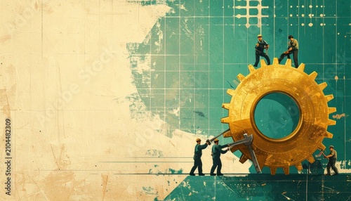 Industrial Teamwork Concept with Small Workers Fixing a Large Golden Cogwheel on a Textured Blueprint Background with Copy Space