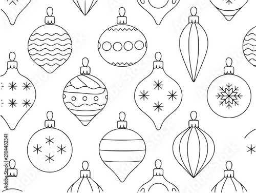 様々な幾何学模様の白黒線画による装飾的なクリスマスオーナメントのシームレスパターン