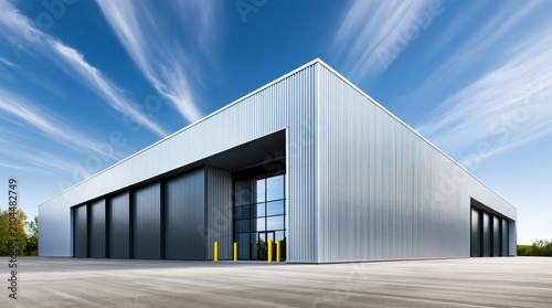 Contemporary warehouse architecture under a dynamic sky