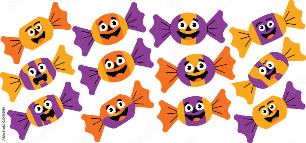 Naklejka premium Whimsical cartoon Halloween candies featuring happy and mischievous facial expressions for festive designs
