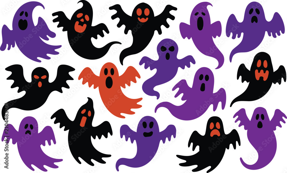 Fototapeta premium Menacing yet playful cartoon ghosts in purple orange and black colors with various scary and eerie Halloween expressions
