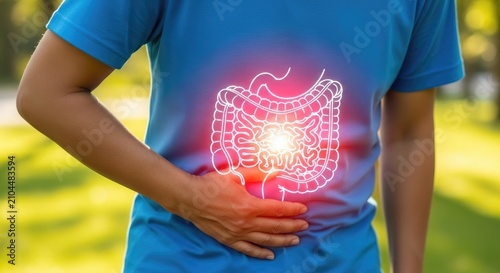 Person suffering from intense stomach pain, internal digestive system shown glowing with inflammation, symptom of an intestinal disease, bowel health issues, gastrointestinal concept