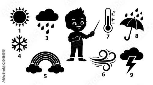 Quadro su tela Child Holding Thermometer Icon Set with Sun Cloud Rainstorm and Snowflake Symbol