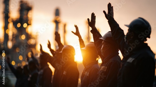 Industrial workers raise hands at sunset with symbolizing hope and unity.
