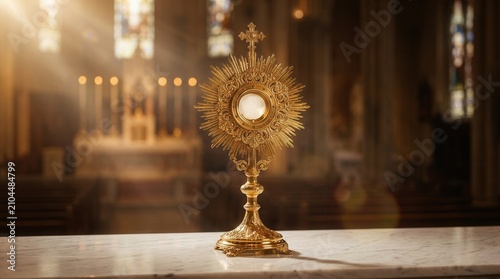 A golden ostensory used for the adoration of the Blessed Sacrament and worship during a Catholic church ceremony for the Eucharistic Holy Hour.