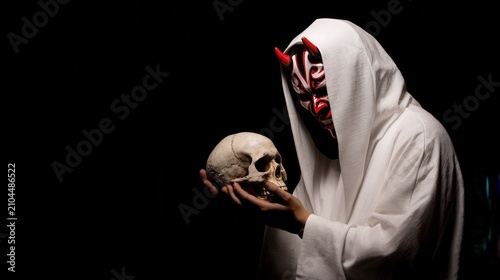 Ethereal Figure in Oni Mask Holds Skull in Darkness.