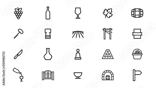 Collection of wine and vineyard related icons featuring grapes bottles glasses and vineyard equipment