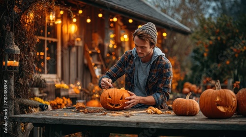 Man Carves Spooky Pumpkin for Halloween Amidst Cozy Autumn Decor.