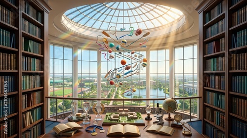 Library interior with a spiral sculpture of sports and science objects books bookshelves