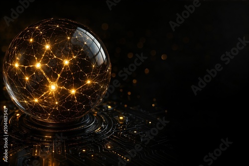 Abstract representation of artificial intelligence, glowing amber neural network connections inside a dark glass sphere, dark tech background, hyper-detailed, space for text.