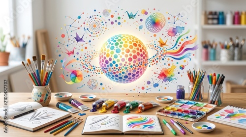 Vibrant Art Studio Desk With Colorful Supplies And Creative Artwork table