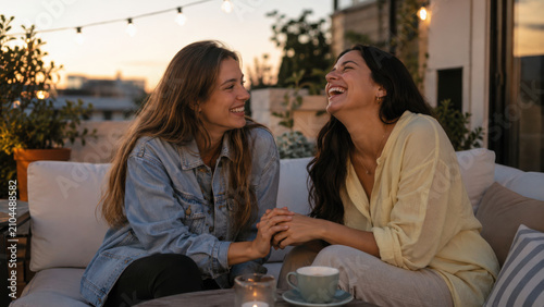Young women laughing enjoying friendship at outdoor cafe
