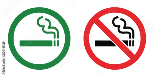 Slika na platnu Smoking allowed and no smoking sign icons, green and red circular symbols