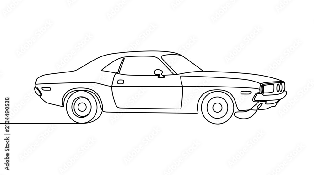 Fototapeta premium Continuous line drawing of a classic vintage muscle car profile