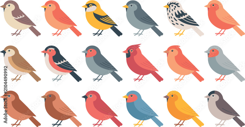 Fototapeta premium Vector illustration collection of diverse colorful cute birds, flat cartoon style isolated songbirds set on white background.