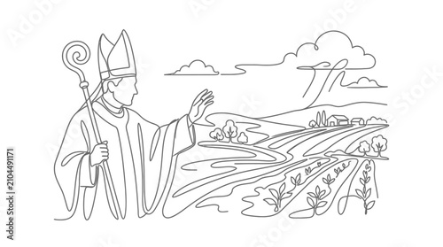 Принти на полотні Bishop Blessing Rural Landscape with Fields and Village