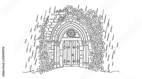 Quadro su tela Gothic Archway Entrance in Rainy Weather, Ancient Stone Building with Ivy