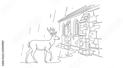Quadro su tela Deer in Rain near Old Stone Building, Continuous Line Drawing