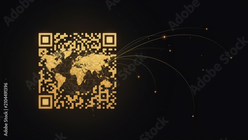 Abstract golden QR code with an integrated world map and glowing streaks on dark background